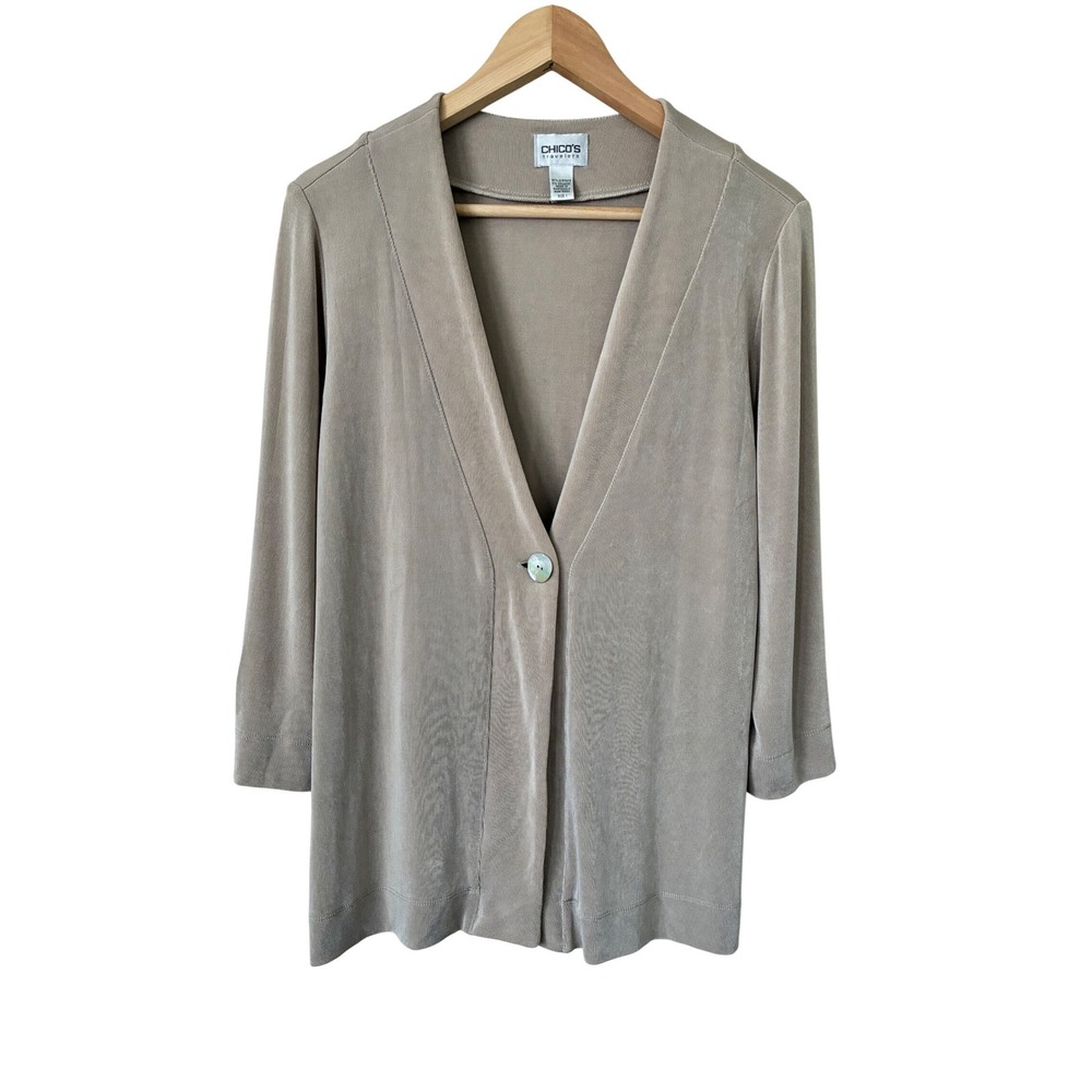 Chicos Travelers Vintage Ribbed Slinky Cardigan Taupe Tan Button Front Size 1 M